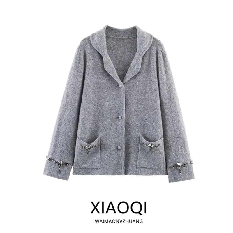 

Spring 2026 Women's Loose Knitted Jacket Beaded Design Versatile Outerwear Long Sleeve Open Cardigan Style Casual Fashion