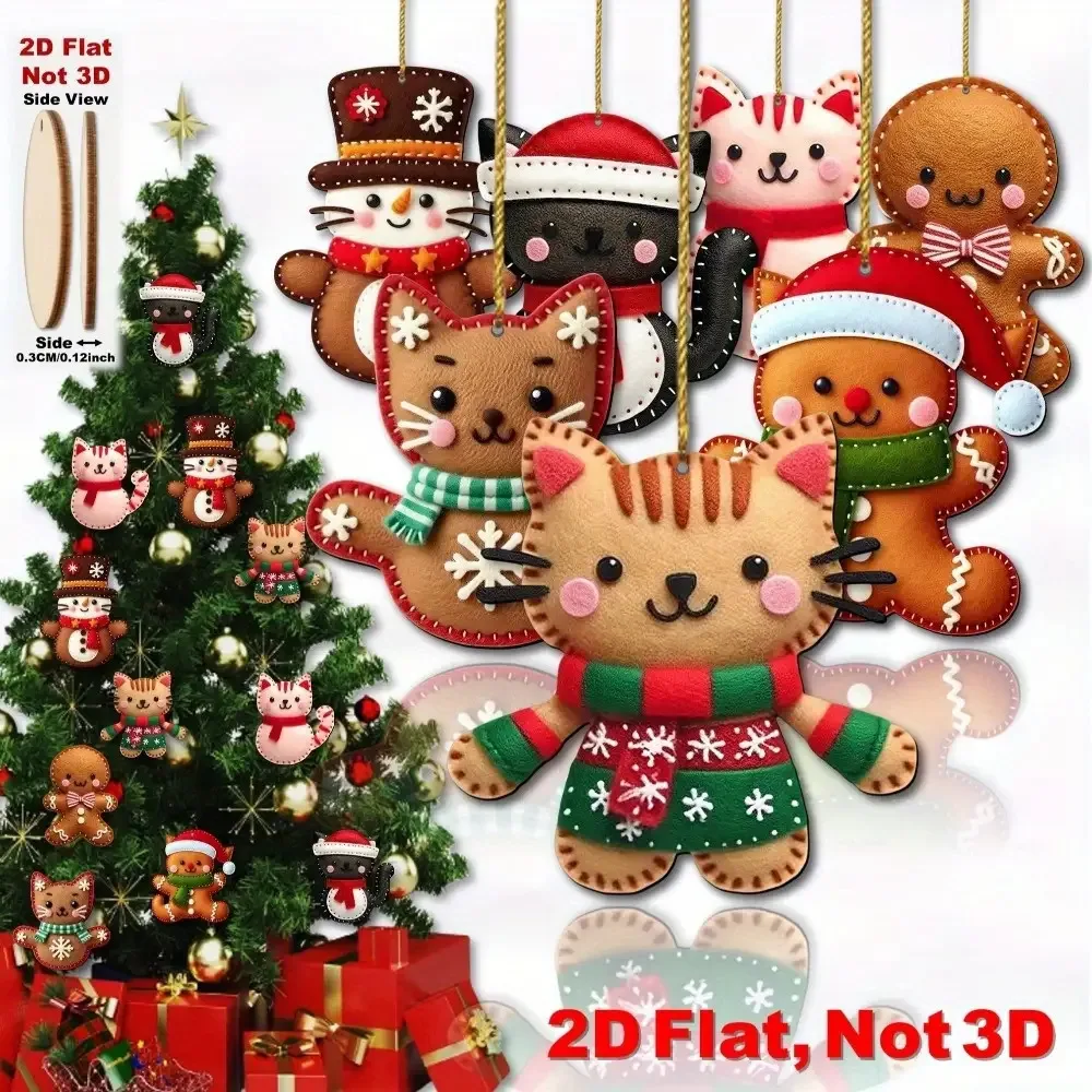 2D flache 8 Stück Lebkuchen-Katzenbaumspitze, Dekorationen, hölzerner Weihnachtsbaum-Anhänger, festliche Lieferungen, Heim-Party-Dekorationen