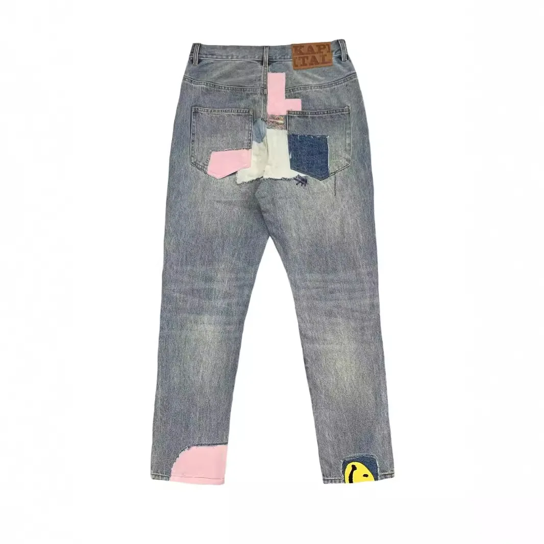 كابيتال خمر الدينيم السراويل المرقعة وجه مبتسم التصحيح ممزق هول التطريز شارع العليا أزياء العلامة التجارية جينز طويل