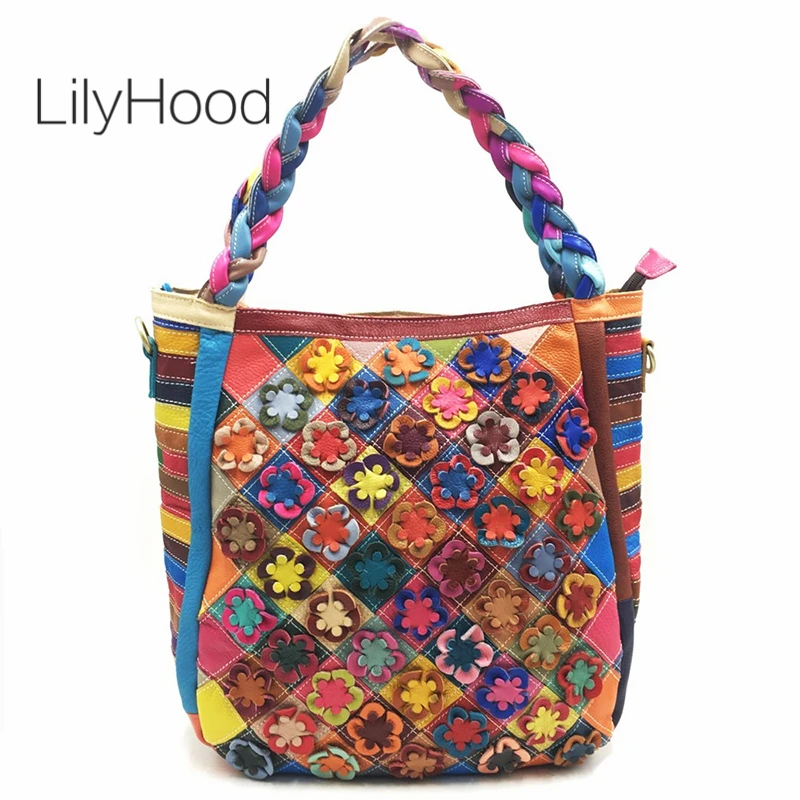 Oversized Genuine Leather Large Capacity Floral Multi Colored Tote Bags Gypsy Hippie Ibiza Bohemian Boho Chic Work Laptop Bag