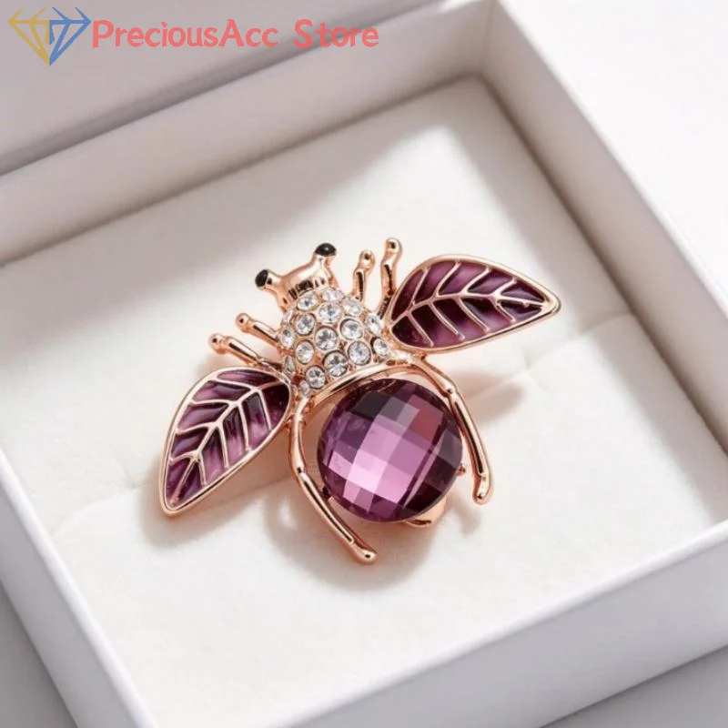 Purple Crystal Bee Brooch Rose Gold Plated Rhinestone Enamel Wing Pin For Wedding Party Wear