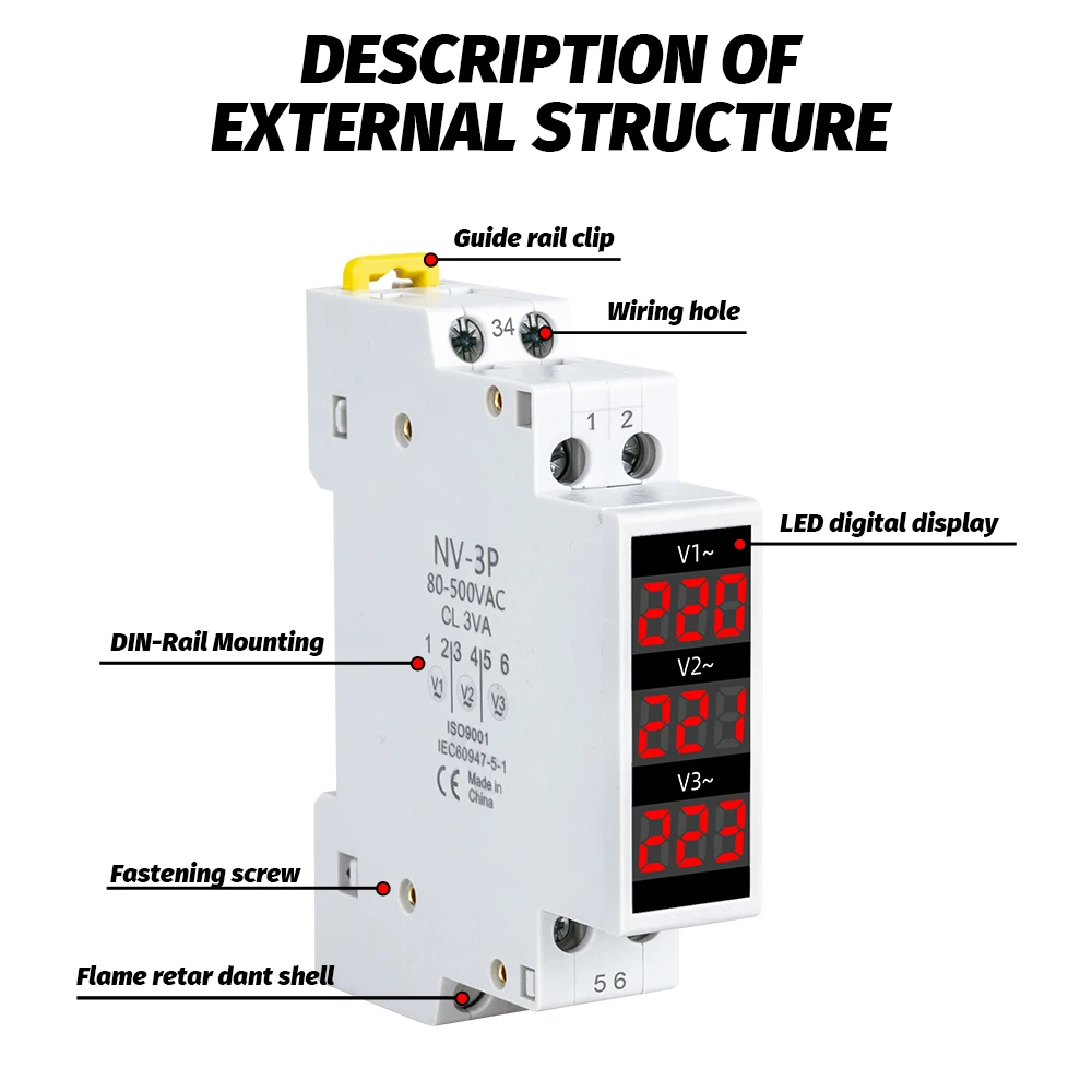 18mm Din Rail AC Voltage Meter 80-500V 220V 380V Single Three Phase Modular Voltmeter Ammeter LED Indicator Digital Volt Tester