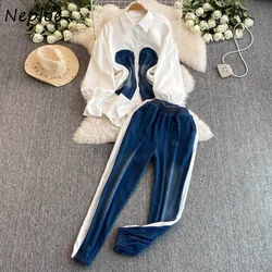 Neploe 2024 New Turn-down Collar Flare Sleeve Suit Women Clothing Panelled Loose Harem Pant Foot Korea Mid-length Sets Trousers