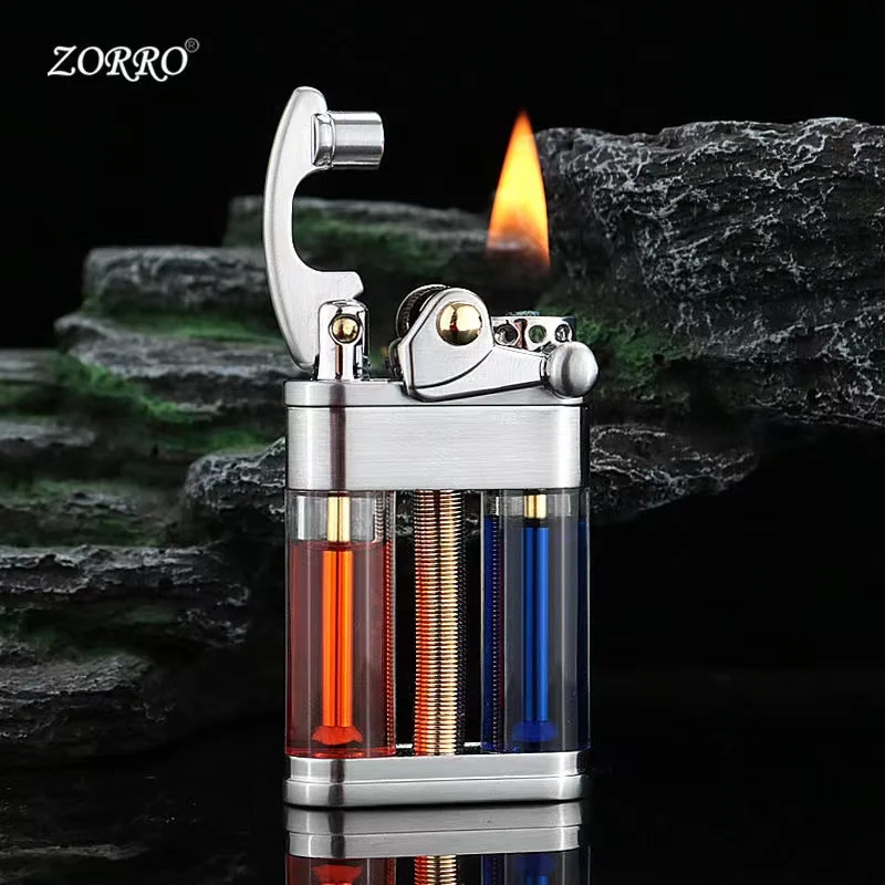 ZORRO Windproof Rocker Arm Oil Lighter Metal Transparent Double Fuel Tank Cool Unusual Grinding Wheel Kerosene Lighter Men Gift