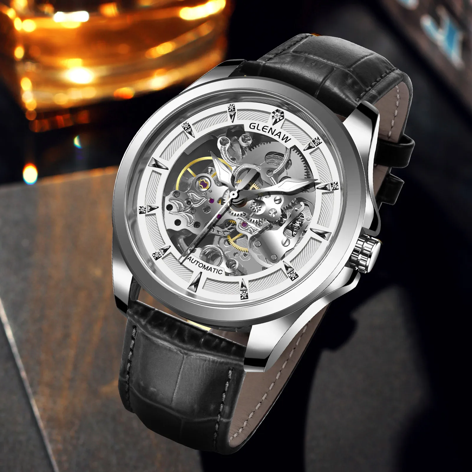 2026 GLENAW Brand Design New 43MM Luxury Mechanical Watch Men's Hollow Men's Watch Waterproof Automatic Watch Leather