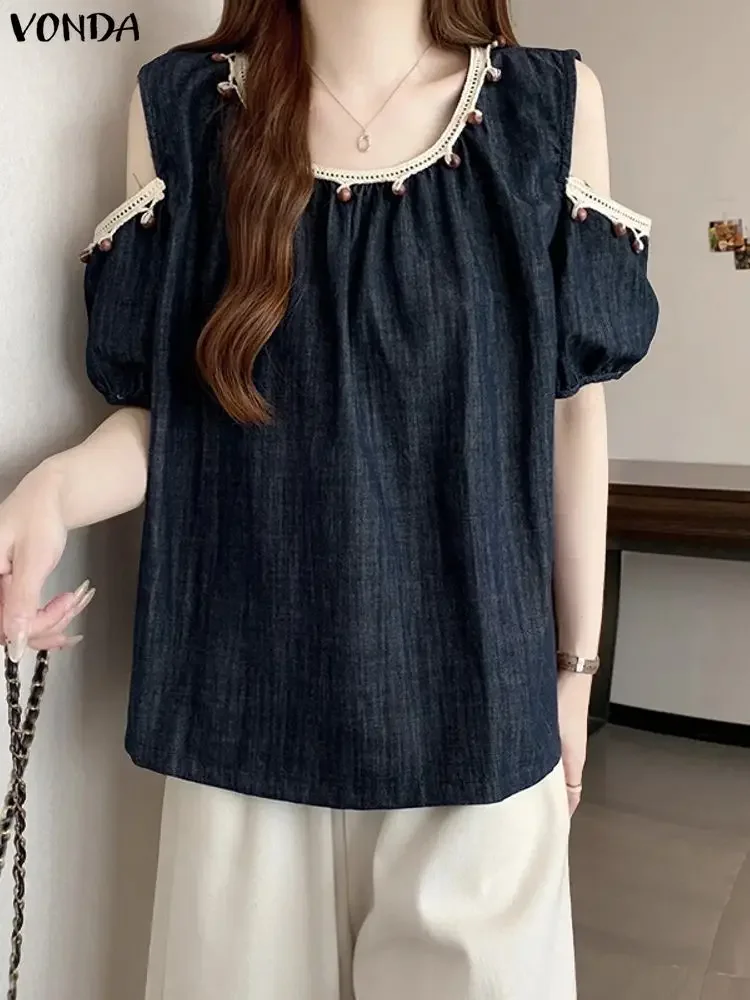 VONDA Women Blouse Sexy Cold Shoulder Solid Short Sleeve Tunic Tops 2025 Summer Casual Loose Fashion Shirts Elegant Office Blusa