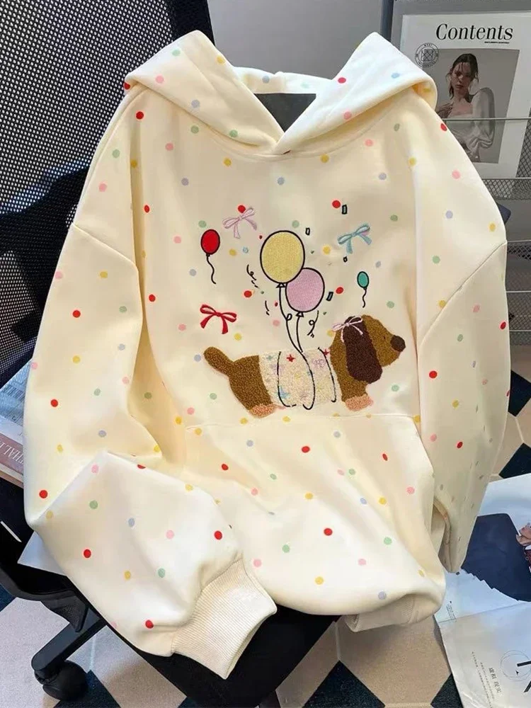 Korean Sweet Cartoon Cute Hoodies Women Loose Embroidery Sweatshirts Preppy Style Fall Winter Fashion Female Kawaii Japan Tops