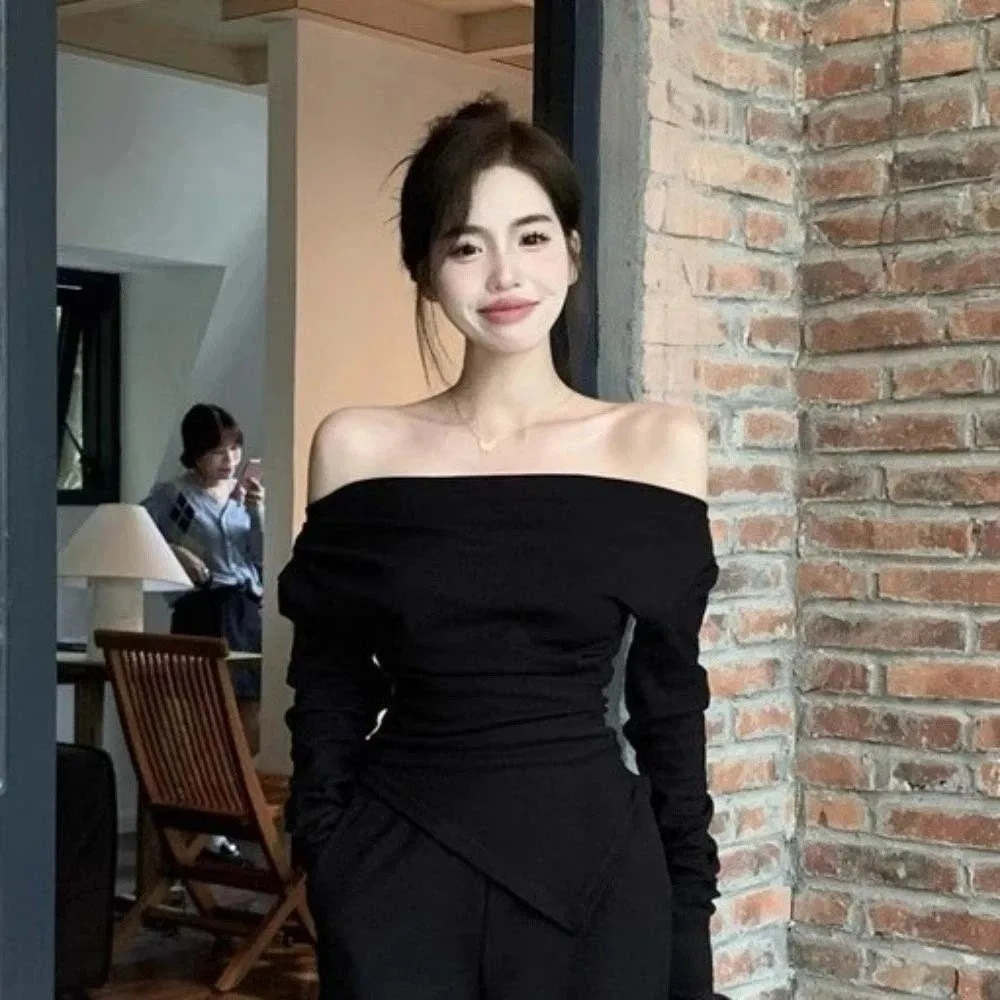 

Укороченный топ с открытыми плечами, облегающий, в уличном стиле, корейский Y2K, модная базовая футболка, асимметричный топ с длинными рукавами, для путешествий