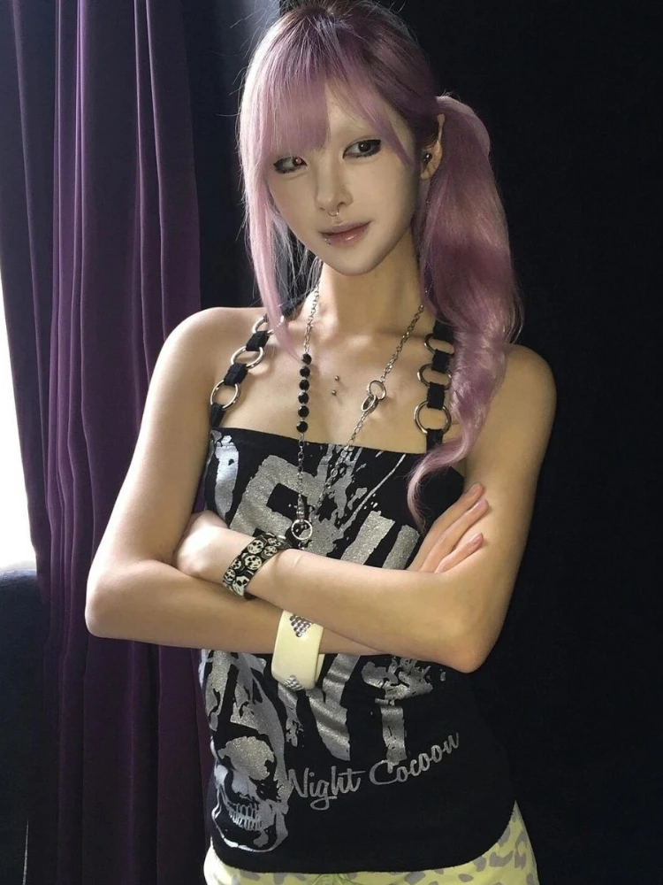 قطع علوية مثيرة للسيدات ملابس الشارع الشهير Y2k جمالية بدون أكمام رسن عتيق بدون ظهر تي شيرت قصير غير رسمي صيفي