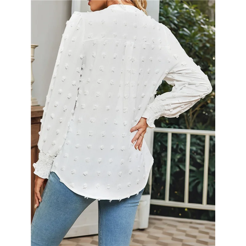 

AG-Womens Dot V Neck Ruffle Sleeve Blouse Flowy Shirts Casual Solid Work Tops