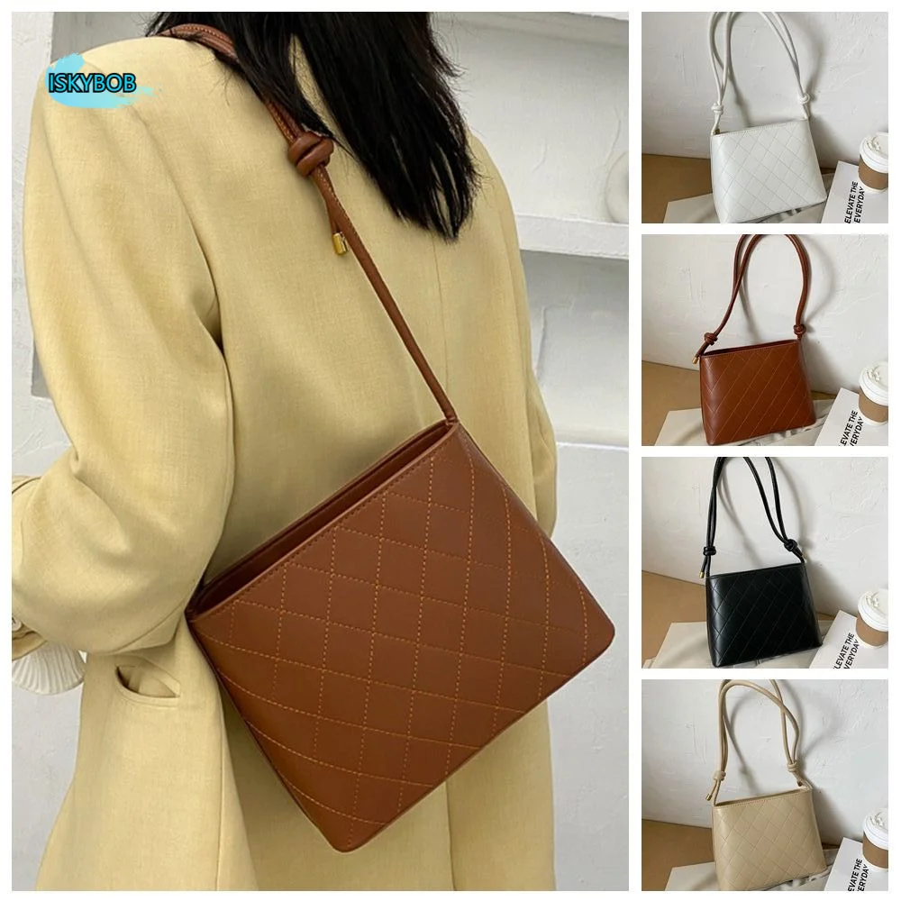 

Large Capacity Rhombus Plaid Tote Bag Solid Color PU Leather Vintage Crossbody Bag Handbag Underarm Bag Solid Color Shoulder Bag