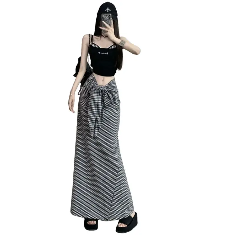 Mode Sexy Front Bowtie Rokken Voor Vrouwen Hoge Taille Rok Elegante A-lijn Geruite Rok Vrouwen Lange Zomer Saia Feminina