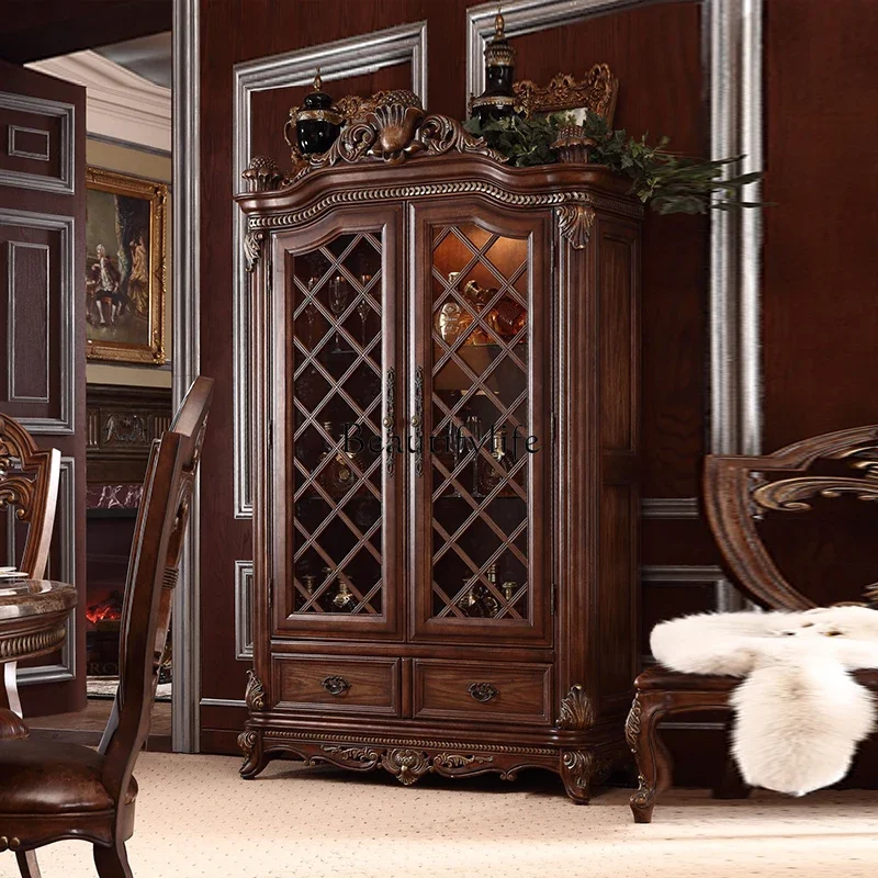 

06European pure solid wood household display cabinet against the wall storage cabinet two doors engraved