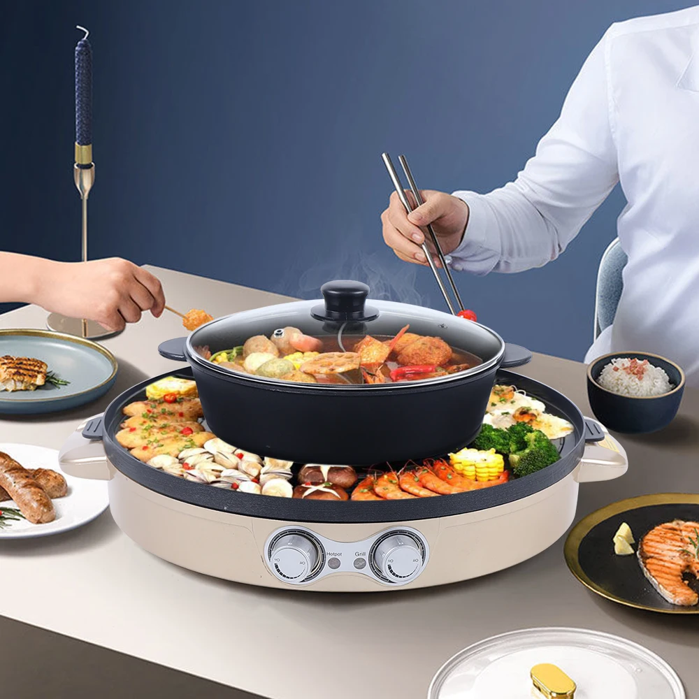 Electric Multifunction Grill Hot Pot Beef Pan Double Separation Barbecue Grill Household Hot Pot 44 Cm BBQ Pizza Party Birthday