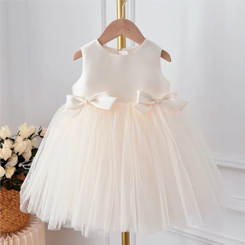 Baby Girl Princess Bow Silk Tutu Dress Sleeveless Infant Toddler Child Elegant Solid Vestido Birthday Party Baby Clothes 1-5Y