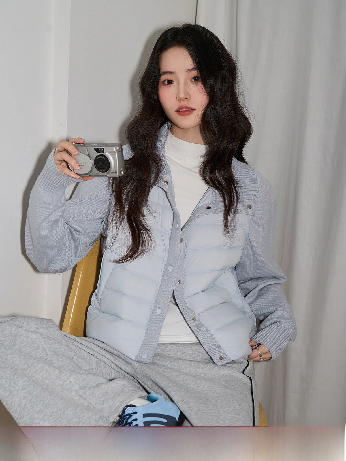 

Blue Knitted Splicing Collar 90 White Du down Puffer Jaet Women Winter New Loose ort Warm Outerwear Faion Ladies