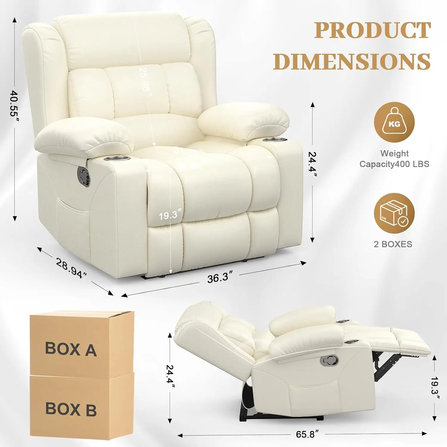 Oversized PU Leather Manual Recliner Chair with Cup Holders, Minimalist Single Sofa for Living Room & RV, Customized