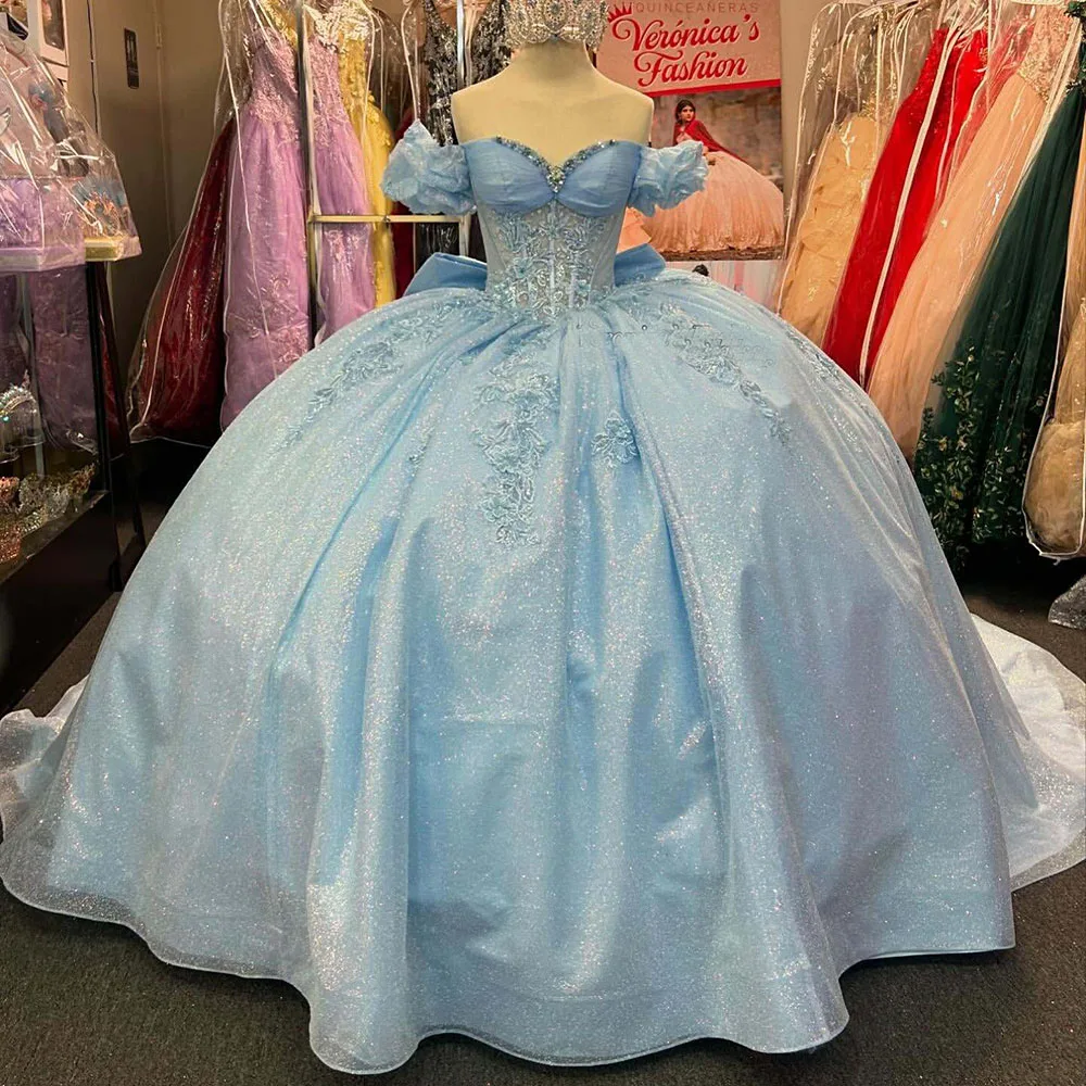 

Light Blue Sweet 16 Quinceanera Dresses Sequins Lace Applique Off Shoulder vestido de 15 anos Customized
