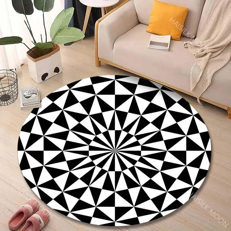 1PC Circular geometric black-and-white pattern Print Round Carpet for Living Room Bedroom Sofa Table Floor Mat Area Rug