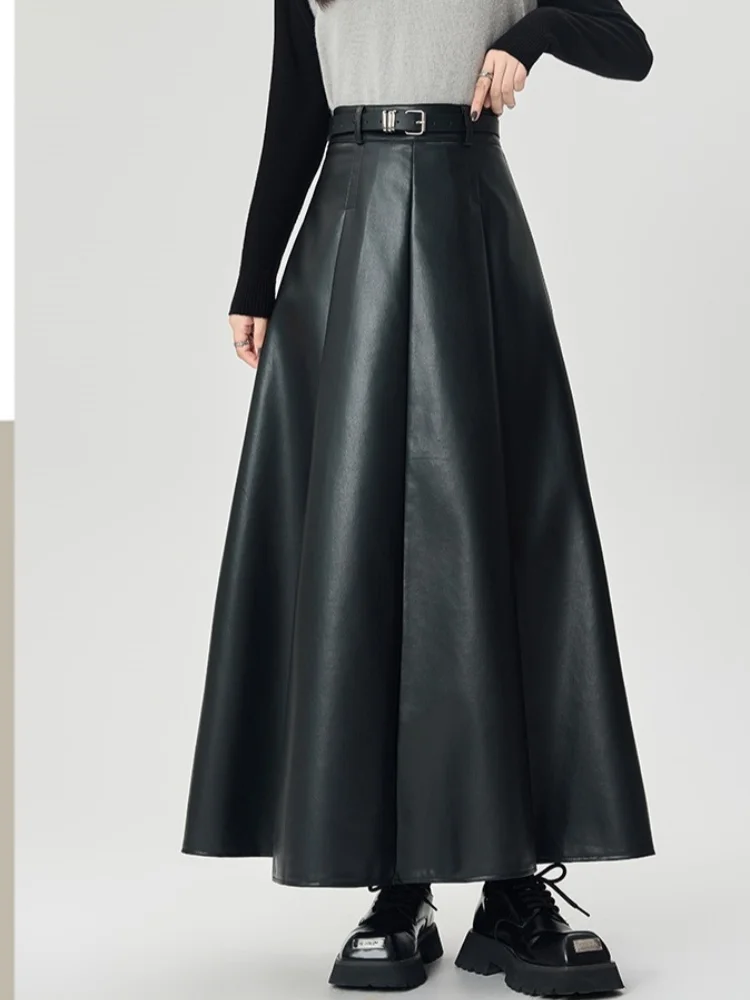 2025年新作 レディース PUレザー スカート 秋冬 プリーツ Aライン ハイウエスト 細見え ゆったり カジュアル ロング丈 アンブレラスカート
