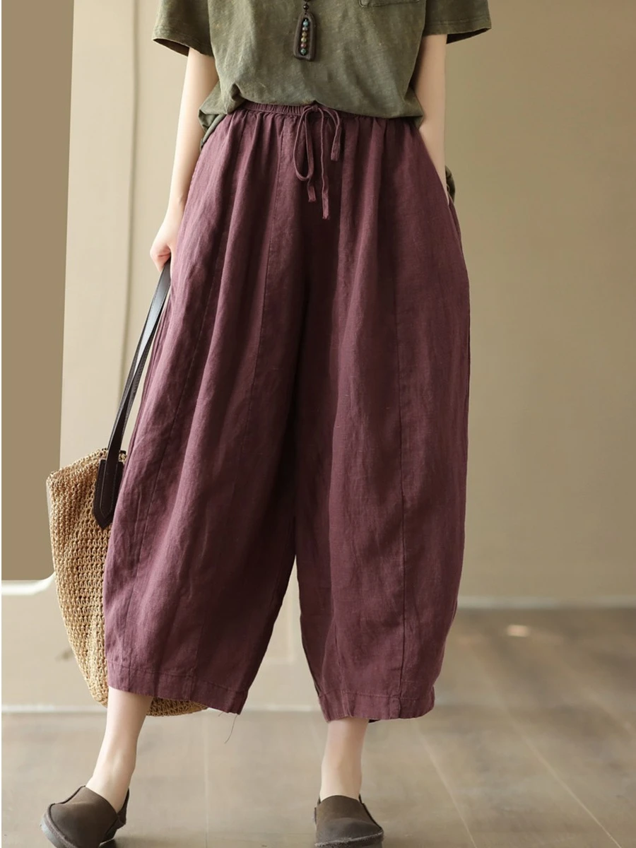 

Лляные широкие брюки-фонарики в стиле ретро, женские летние тонкие эластичные брюки на талии, большие размеры, свободные повседневные хлопковые льняные брюки с девятью точками