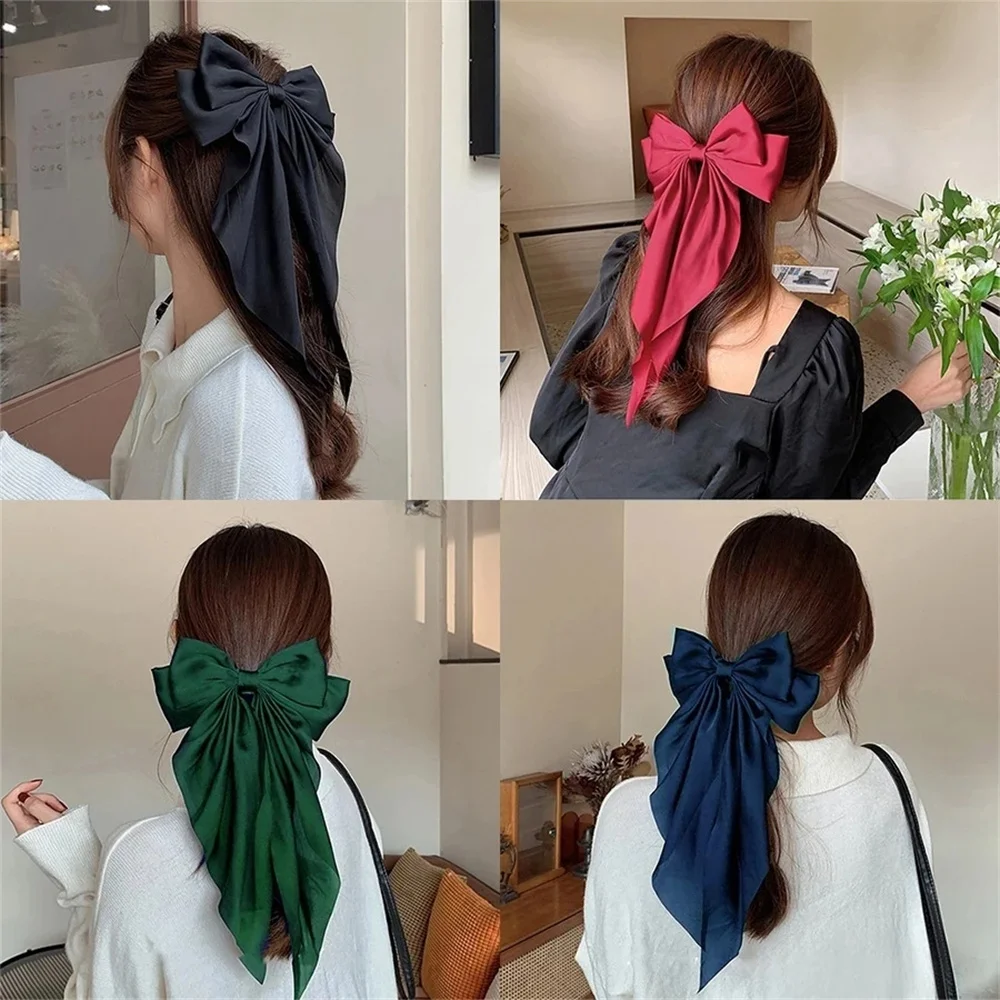 Fashion Women Red Bow Knot Fabric Hair Clip Korean Style Women Long Ribbon Butterfly Hair Clip Hair Accessories