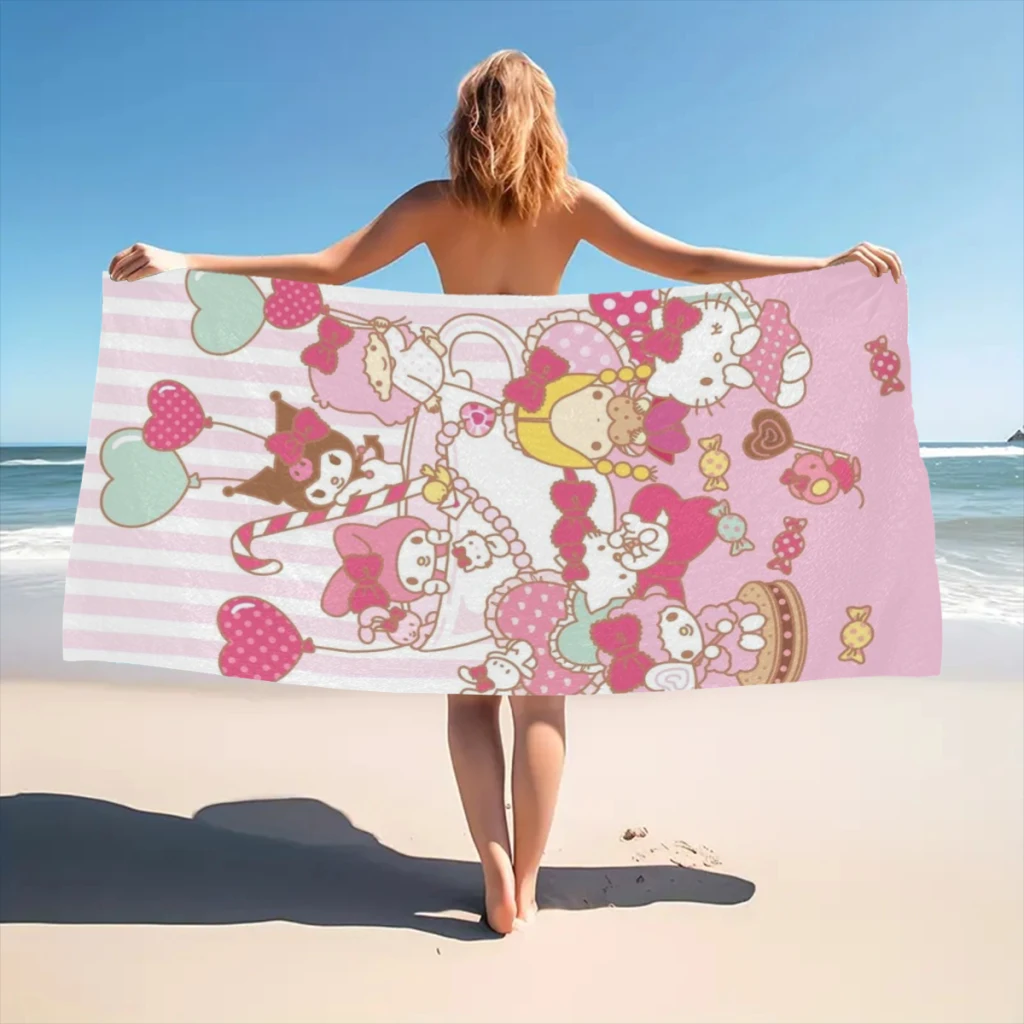 Microfiber Beach Towel Cute Anime Sanrio Hello Kitty Kawaii Print Quick Dry Sandless Beach Blanket Soft Comfortable