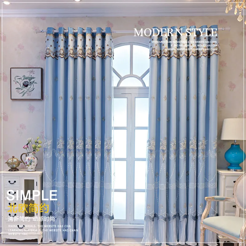 Modern Style Blue Embroidered Blackout Curtain Double Layer Window Drapery for Living Room/Bedroom Elegant Floral Pattern