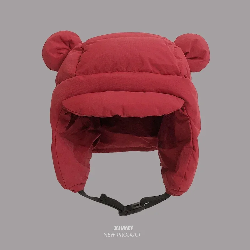 Ins New Cute Bear Ears Padded Bomber Hats for Women Autumn Winter Outdoor Warm Casual Versatile Retro Pilot Caps for Men