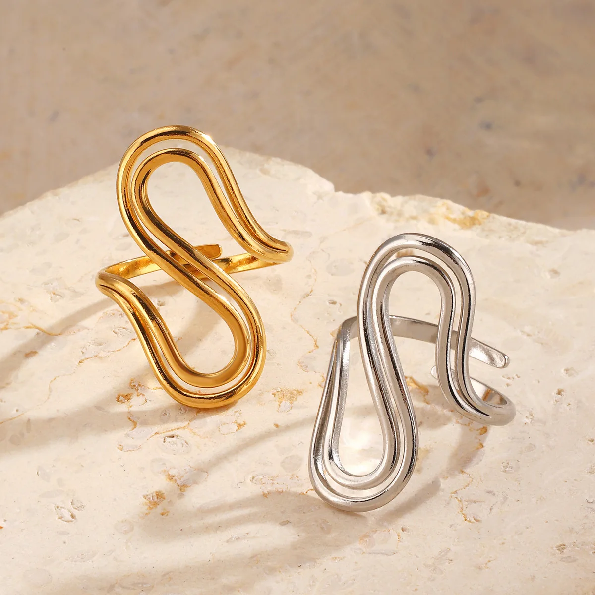 Oversized Double Layer Wire Ring Adjustable Stainless Steel Open Cuff Rings Bold Hip Hop Statement Jewelry Wholesale Available