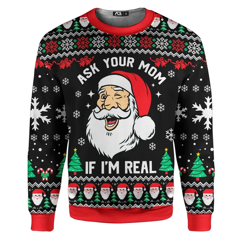 Men's Funny Ugly Christmas Sweater With Santa Claus Graphic Print Winter Warm Pullover Casual Oversized Sweatshirt