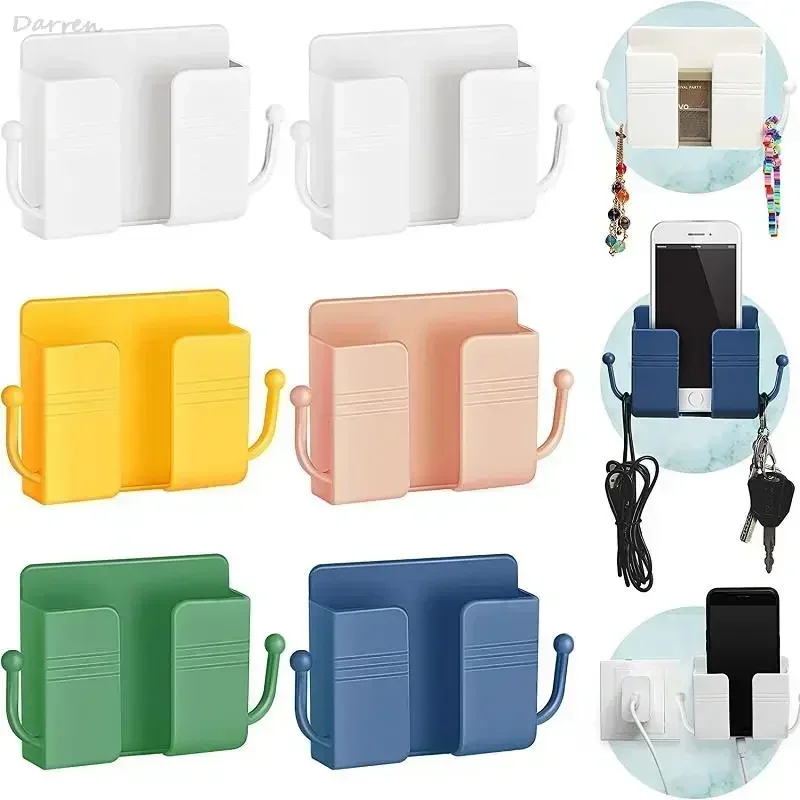 Non-Punching Wall Mounted Phone Holder Self-Adhesive Cable Organizer Mobile Phone Charging Box Stand For Bedroom Living Room