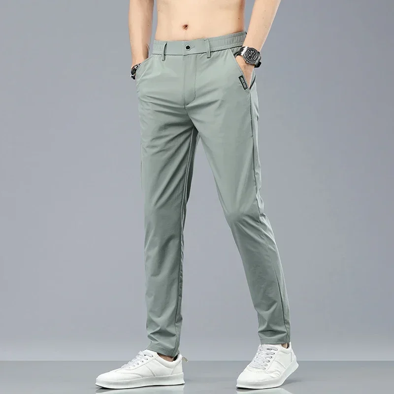 Summer Ice Silk Stretch Casual Pants Men Thin Soft Fashion Business Elastic Korean Slim Male Clothes Trousers Gray Black Green