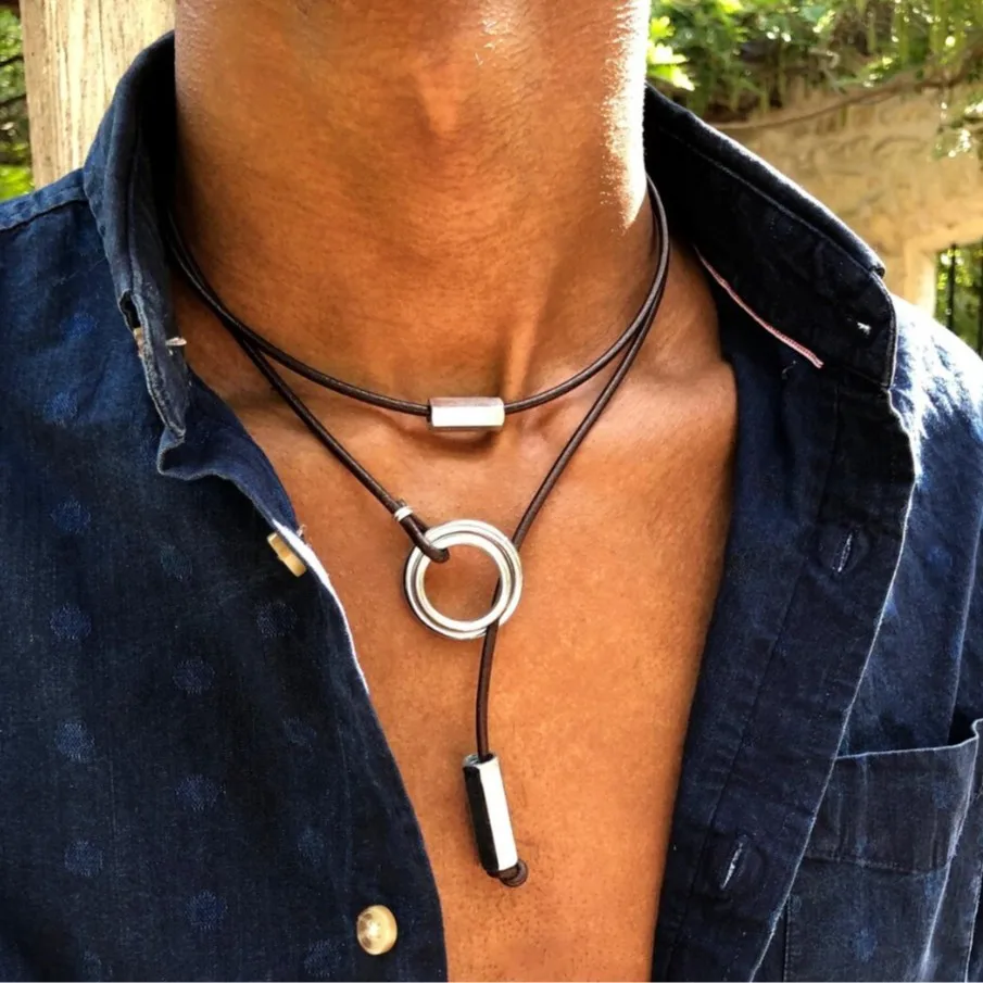 

Trendy Double-loop Multi-layer Stackable Necklace For Men with Tassel Metal Pendant Adjustable Male Jewelry Jewelry Gifts