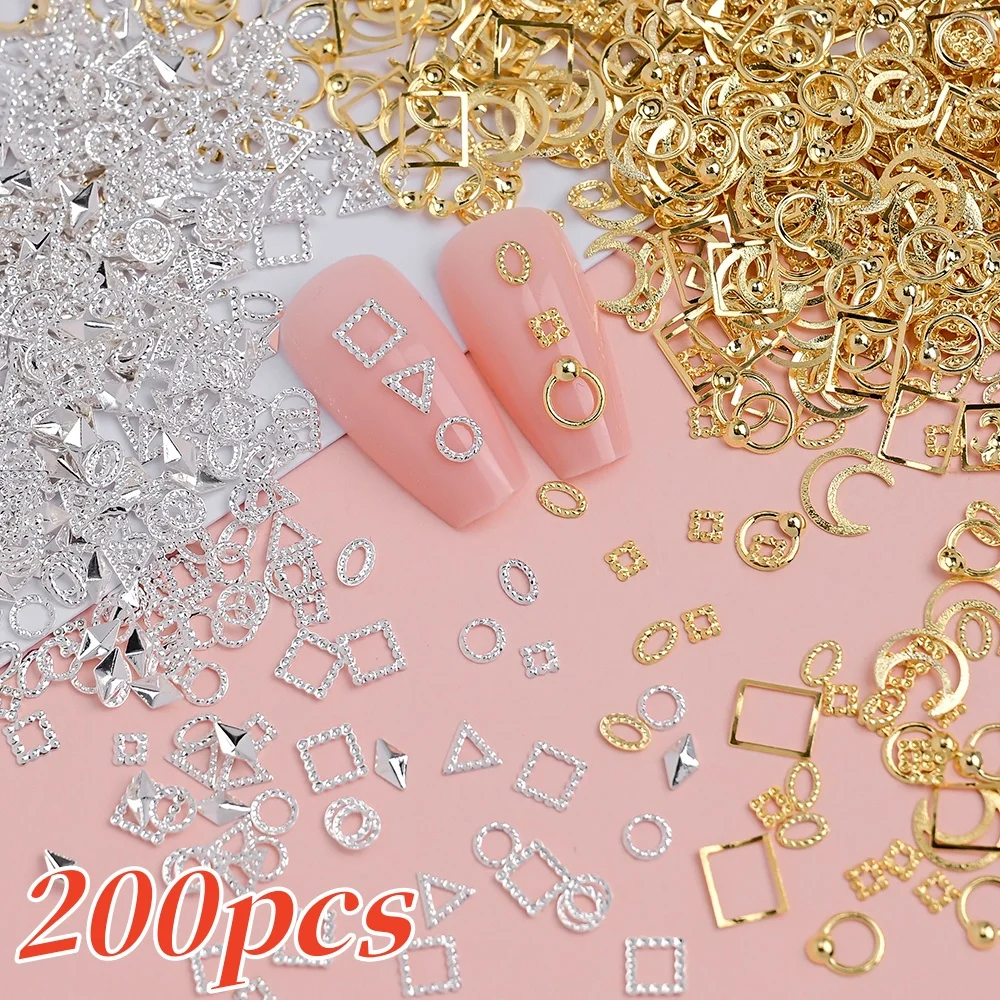 200pcs 3D Geometric Glitter Rhinestones Nail Charm Star Moon Triangle Frame Alloy Nail Decor Mixed Metallic Manicure Accessories