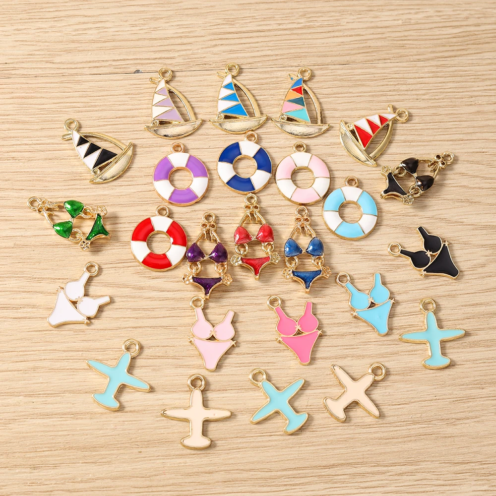 Tusember 10pcs Mixed Summer Beach Swimming Ring Boat Sexy Bikini Charms for Necklaces Earrings Bracelets Jewelry Making Craft