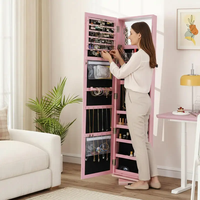 Rotating Jewelry Armoire with Full-Length Mirror, 161x39x39cm Freestanding Jewelry Storage Cabinet, LED Lights and Lockable Security, Velvet Lined Multi-Compartments for Bedroom Home and Shop Display, Pink