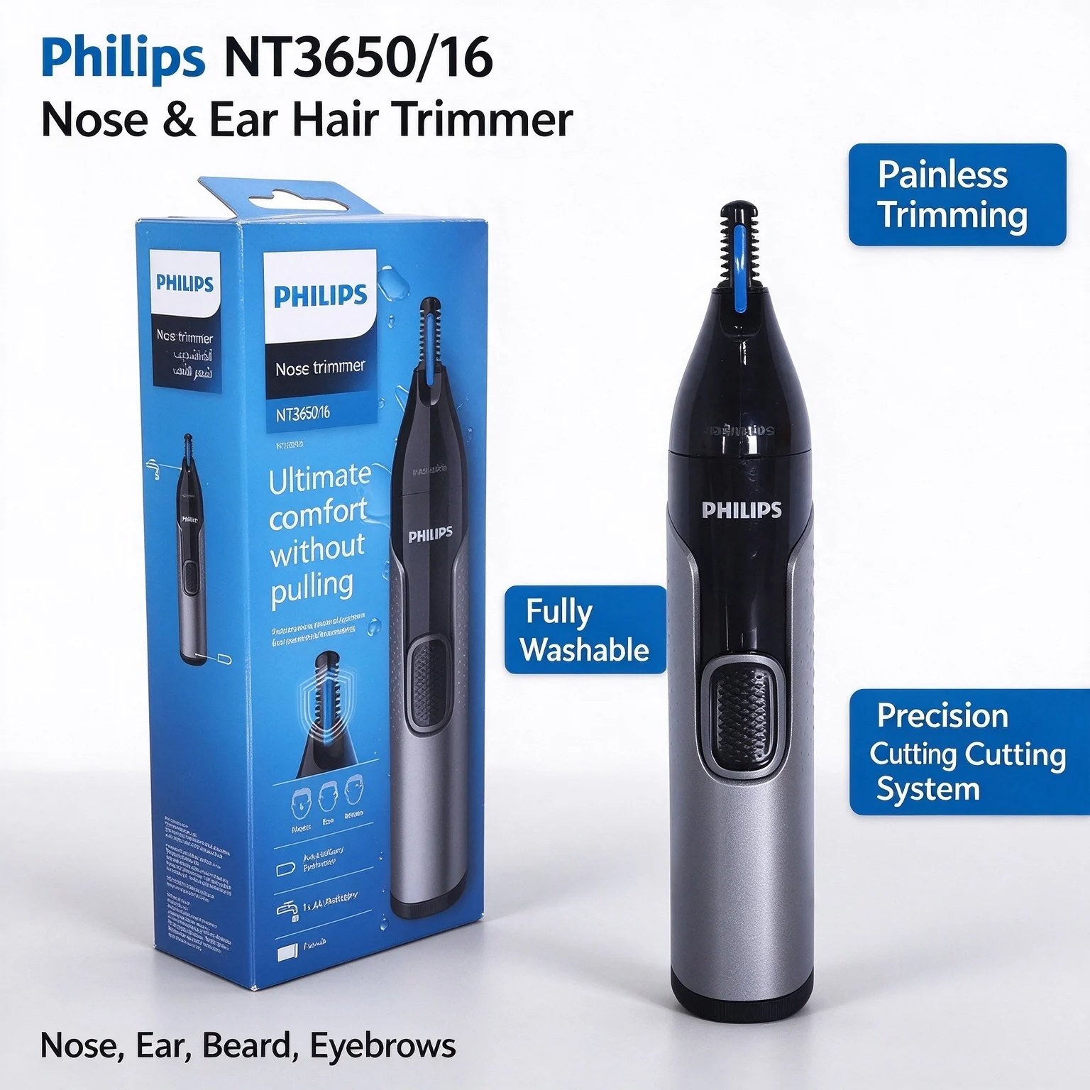 Philips NT3650 Electric Nose Hair Trimmer Painless Washable Multi-purpose Trimmer for Ear Eyebrow Beard Sideburns