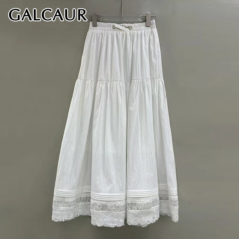 

GALCAUR Solid Loose Spliced Lace Fashion Midi Skirts for Women Patchwork Elastic Waist Minimalism Skirt Female Elegant Clothing