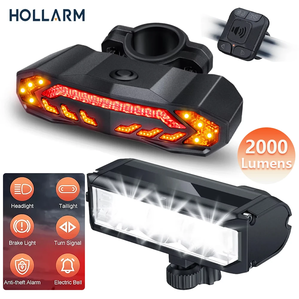 Hollarm 2000 Lumens Bicycle Front Light Headlight and Bike Alarm with Remote Control Horn Waterproof Bike Tail Light Recharge