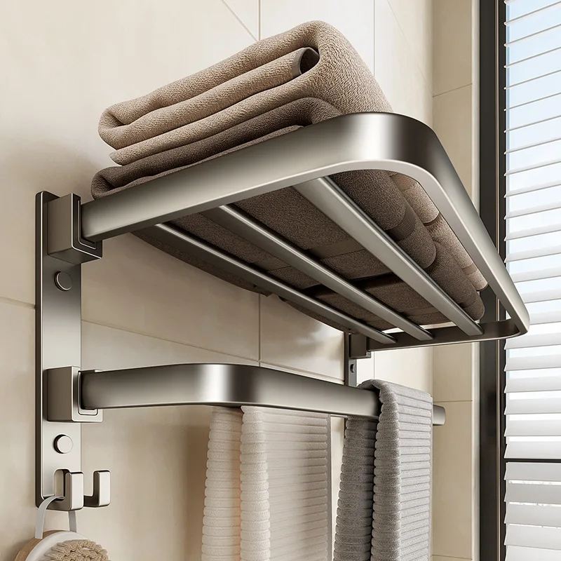 Gun Gray Towel Rack, Foldable Towel Rack, Non Perforated Bathroom, Bathroom Storage Rack, Wall Mounted Bathroom Pendant