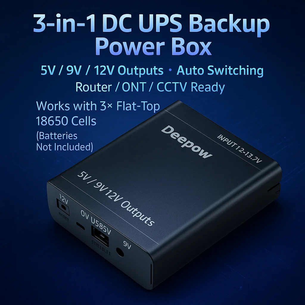 Winter Backup UPS Power Box for ONT Router IP Camera | 12V 9V 5V Multi-Voltage Output | Supports 18650 Flat-Top Cells No Battery