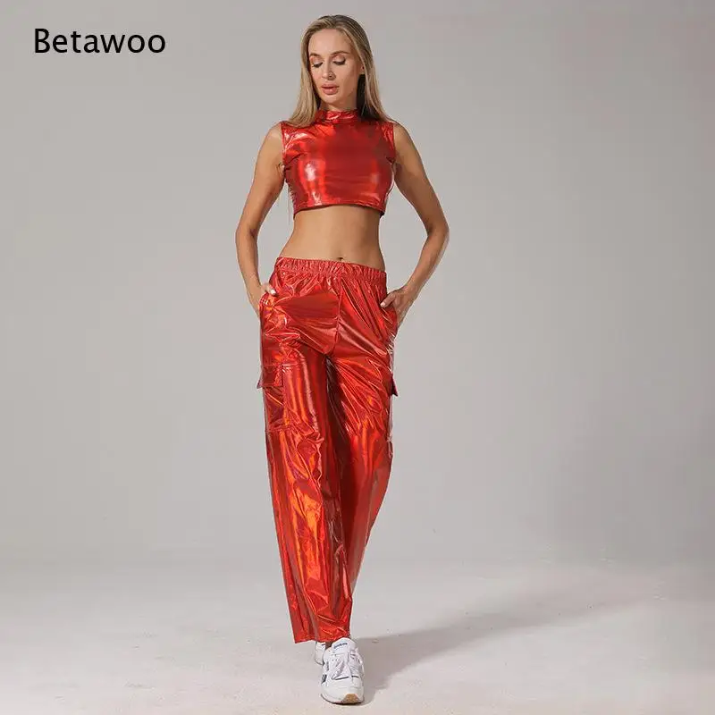 Women Mock Neck Sleeveless Metallic Crop Top and Cargo Pants Set Fashion Ladies TwoPiece Outfit