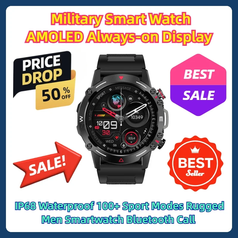 

IP68 Waterproof 100+ Sport Modes Rugged Men Smartwatch Bluetooth Call Military Smart Watch AMOLED Always-on Display