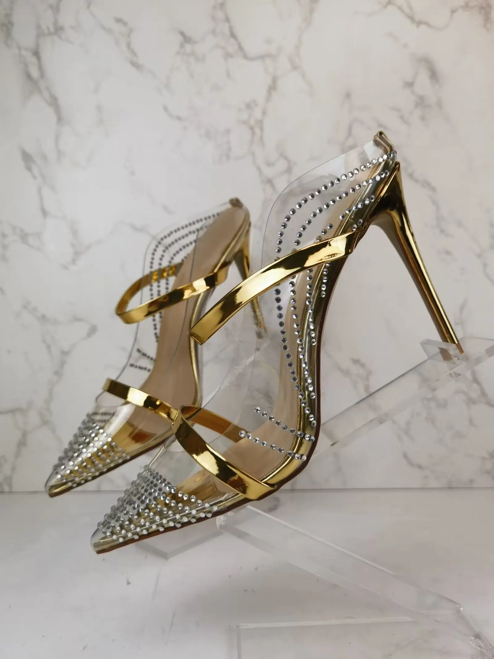 

Pointed Rhinestone Pvc Material Sandals Stiletto Shiny Patent Leather High Heels Slip-On Mules for Women