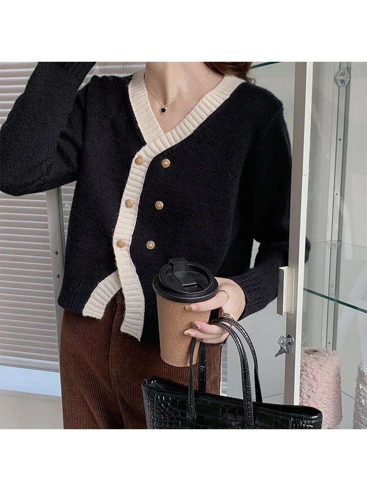 2022 Winter Women Sweater Coat Contrast Trim Single-breasted V Neck Fashion Korean Vintage Outerwear Cardigan Knitting Tops