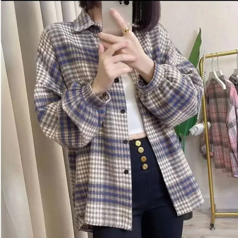 Spring and Autumn Women\'s Cardigan Polo Neck Lantern Sleeve Solid Plaid Stripe Button Loose Officelady Fashion Casual Shirt Tops