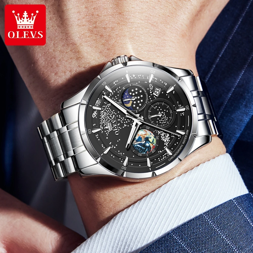 OELVS 5538 Original Quartz Wristwatch,Waterproof, Luminescent Stainless steel, Moon Phase,  Steel Strap Men's Watch