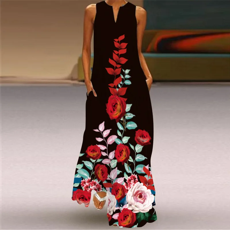 Summer Elegant And Fashionable Flower Printed Hollow V-neck Long Skirt Party Sleeveless Fashion Sexy Party Vest Beach Dress