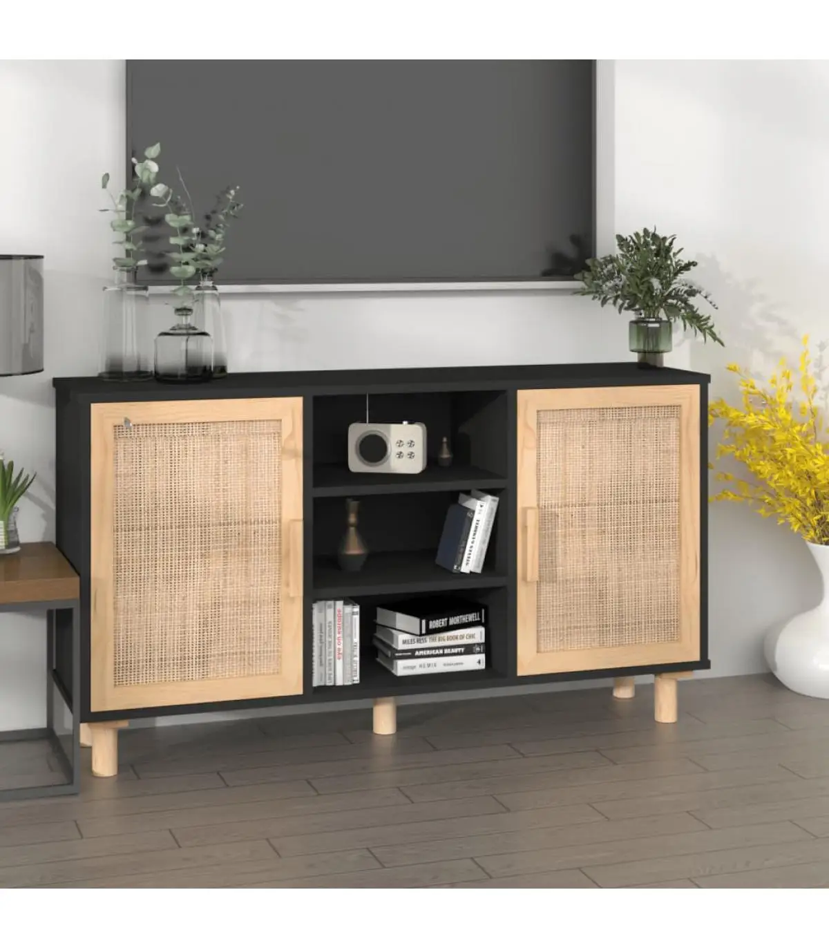 Sideboards black solid pine wood and natural rattan 105x30x60 cm